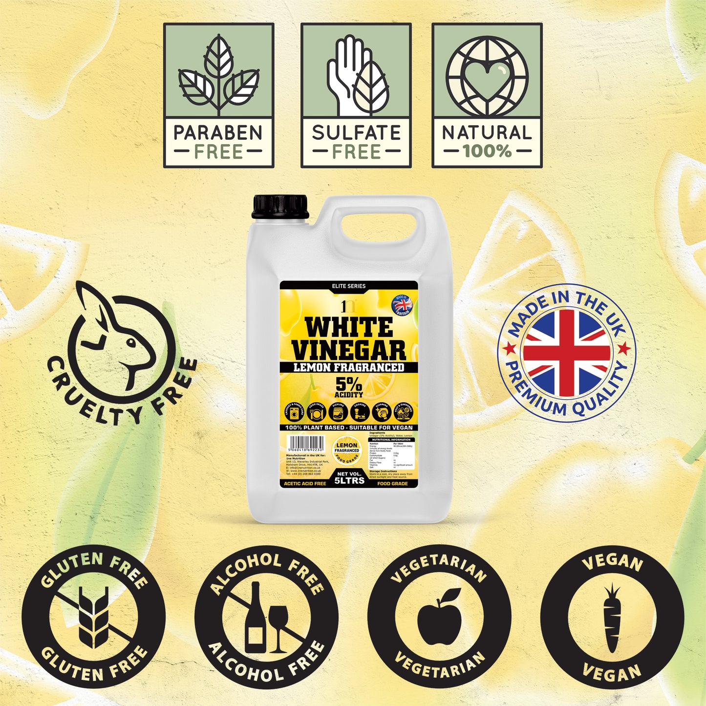 1NE Nutrition White Vinegar 5L 5% – Lemon Fragranced